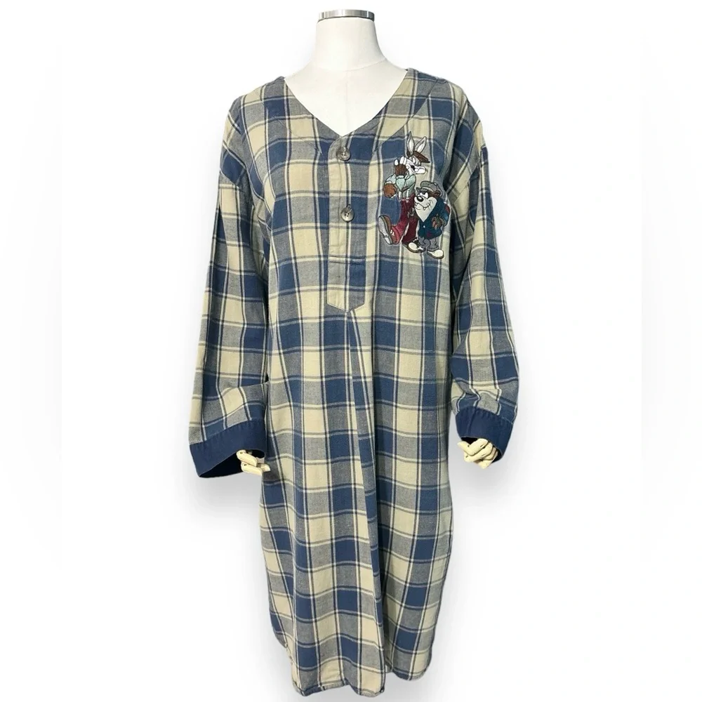 ACME STUDIOS Flannel Nightgown w/ Looney Tunes Embroidered Characters
